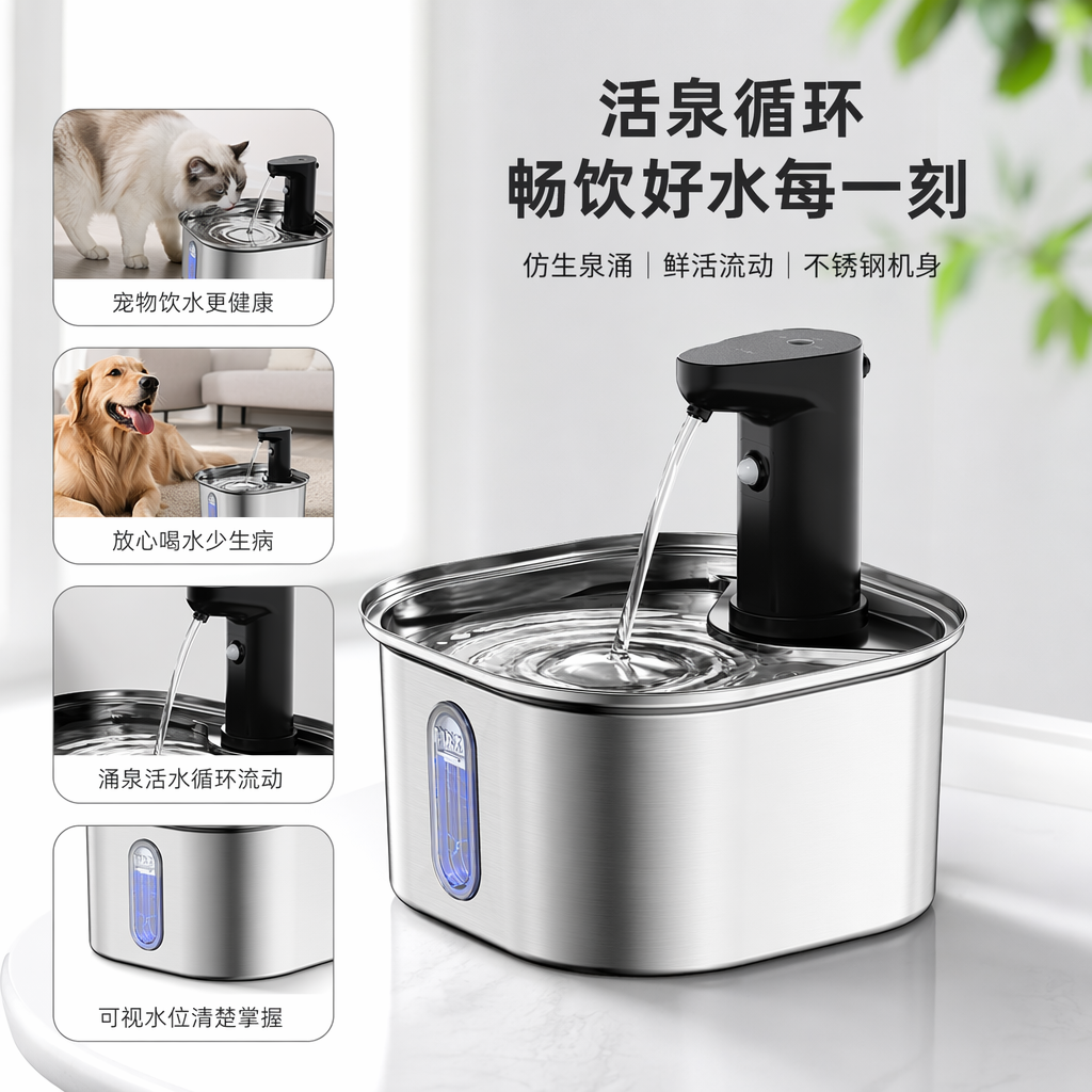 银色不锈钢宠物自动饮水机静音循环过滤猫狗通用