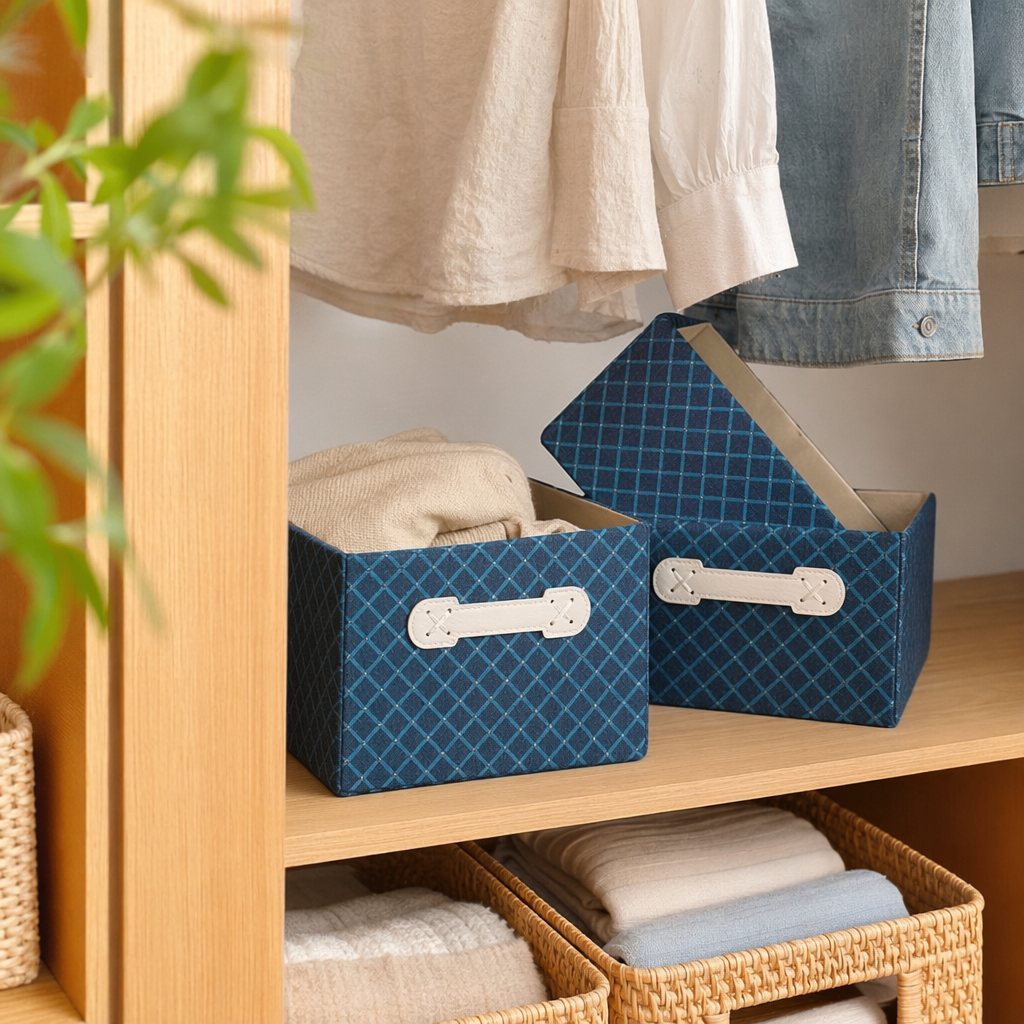 Blue checkered fabric storage box, a home organization wonder and multi-functional storage box details Picture