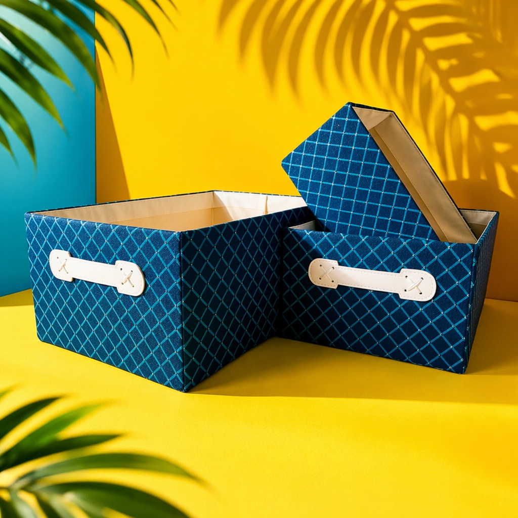 Blue checkered fabric storage box, a home organization wonder and multi-functional storage box Specification image