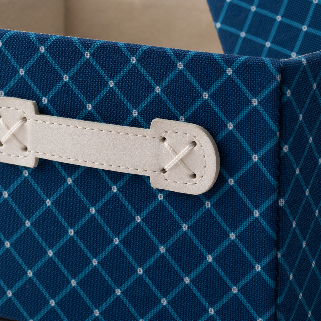 Blue checkered fabric storage box, a home organization wonder and multi-functional storage box Application Scenario