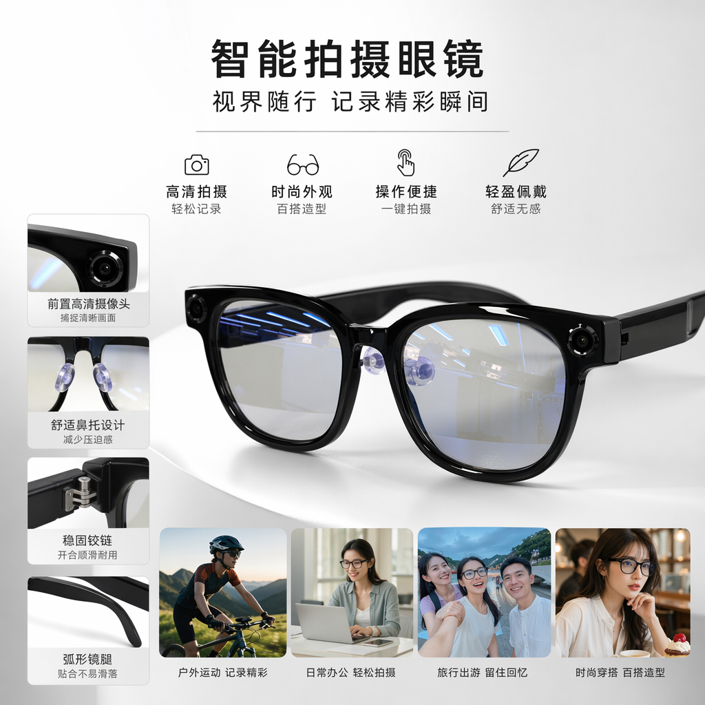 Black smart glasses with outdoor anti-glare lenses, intelligent voice control and lightweight design