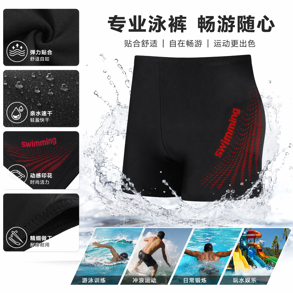 黑色泳裤男速干防氯抗菌游泳短裤平角泳装