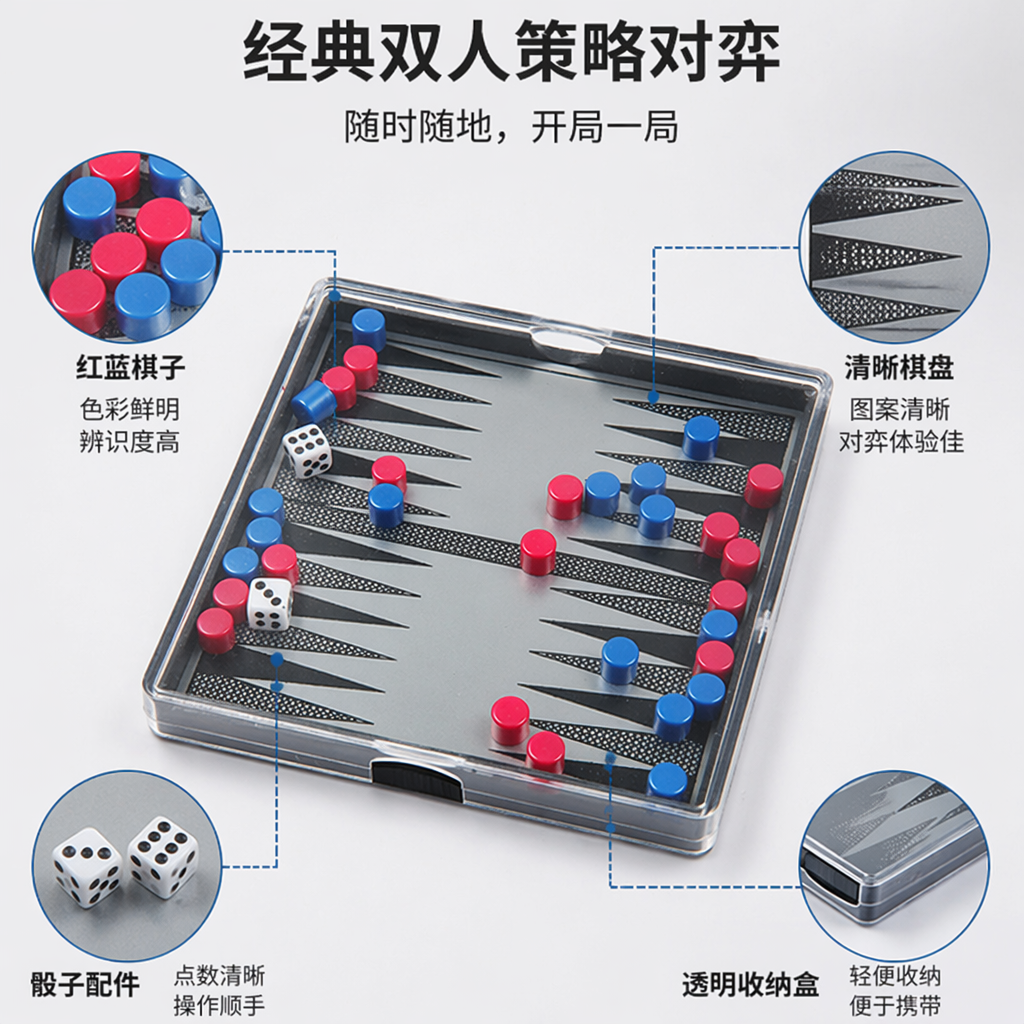 透明盒装棋盘游戏 含红蓝棋子与骰子