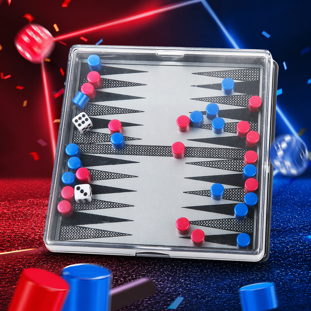 The transparent box-packed board game contains red and blue chess pieces and dice Specification image