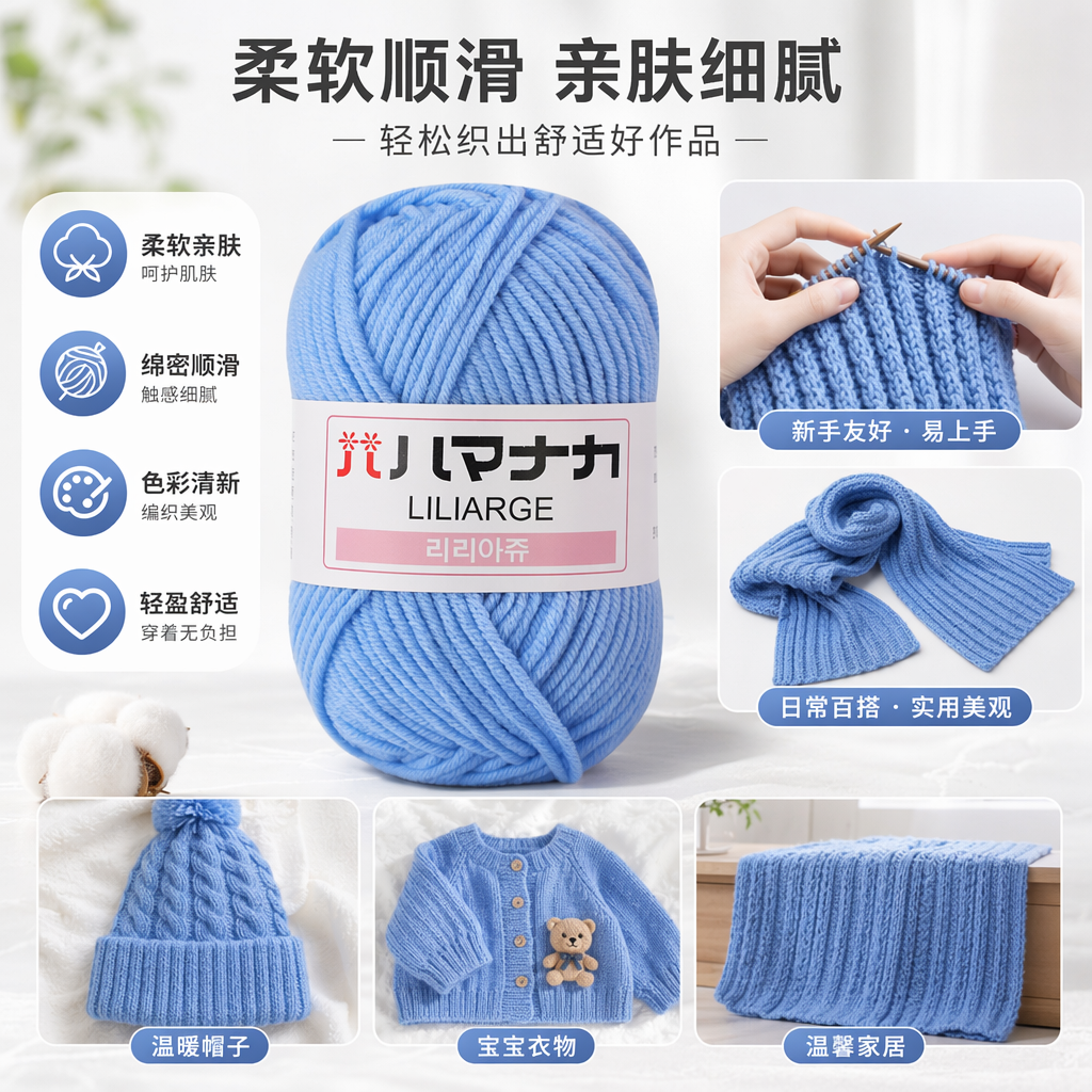 浅蓝色毛线团 手工编织毛线球 棉腈混纺 100g