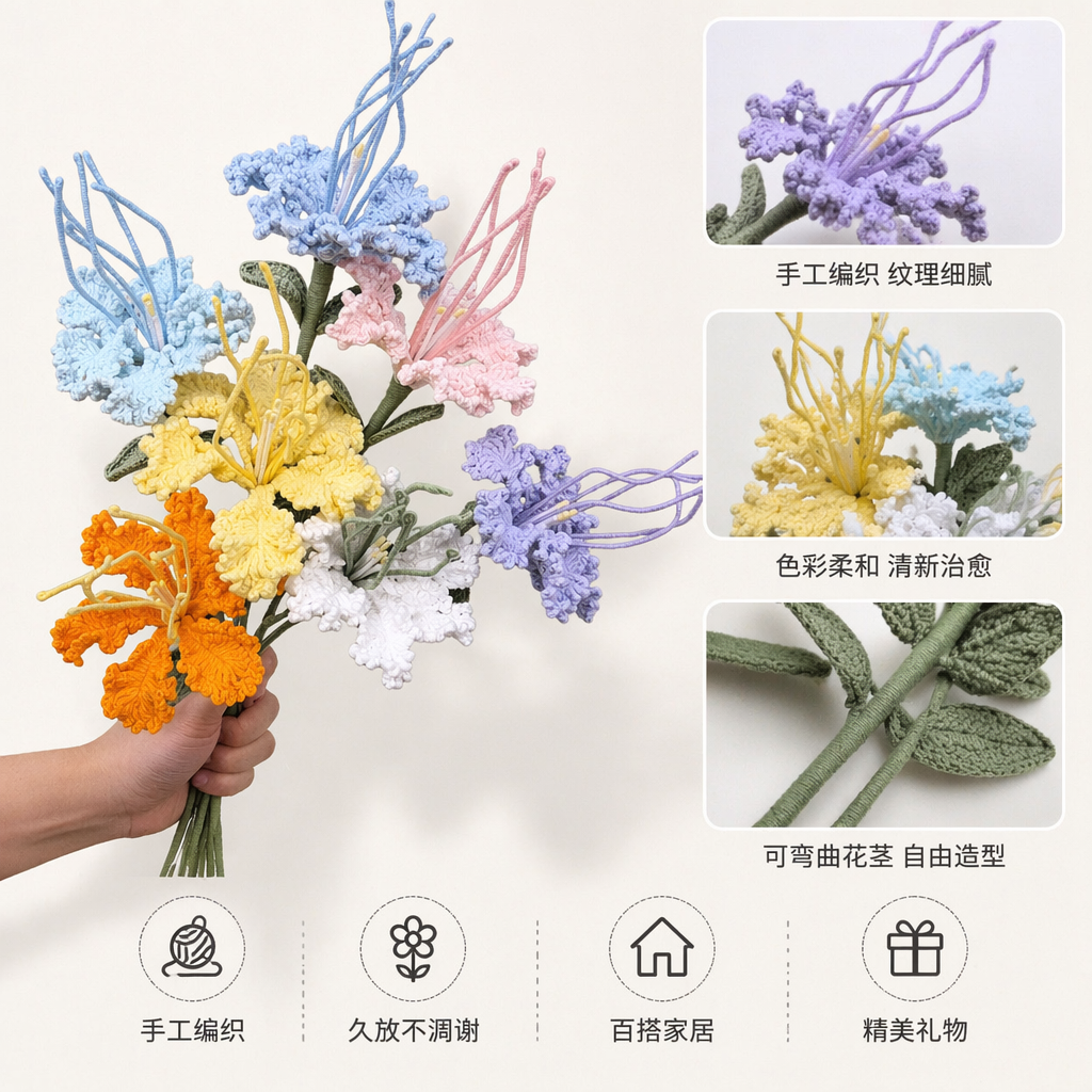 彩色钩针编织花束 手工DIY材料包 仿真花装饰摆件