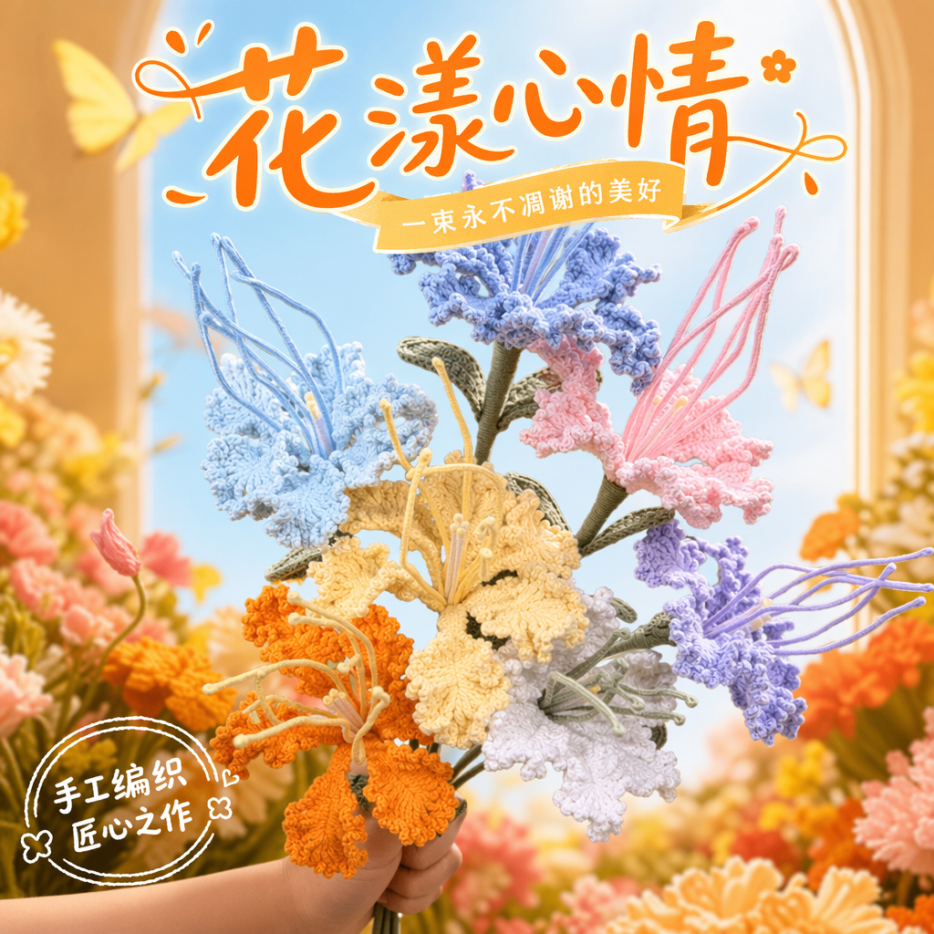 彩色钩针编织花束 手工DIY材料包 仿真花装饰摆件 Specification image