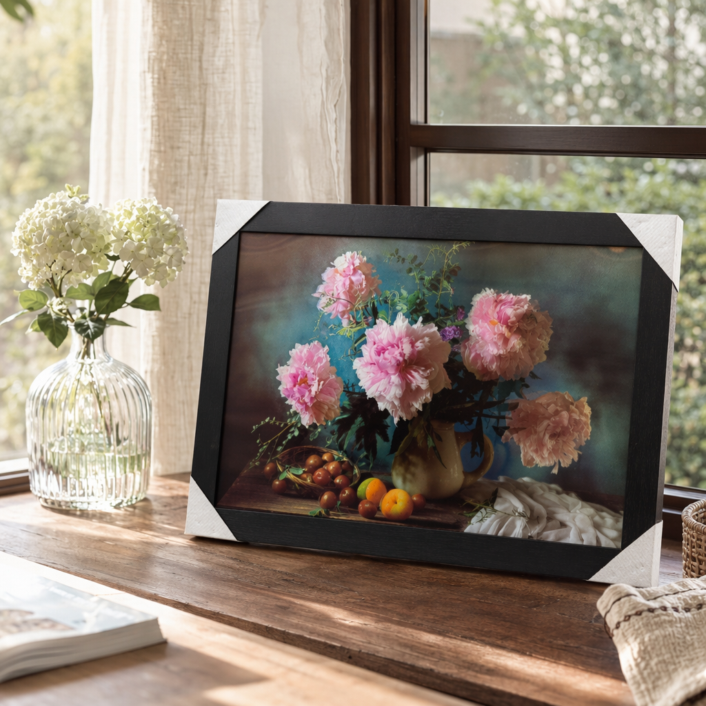 黑色相框+花卉静物画产品图