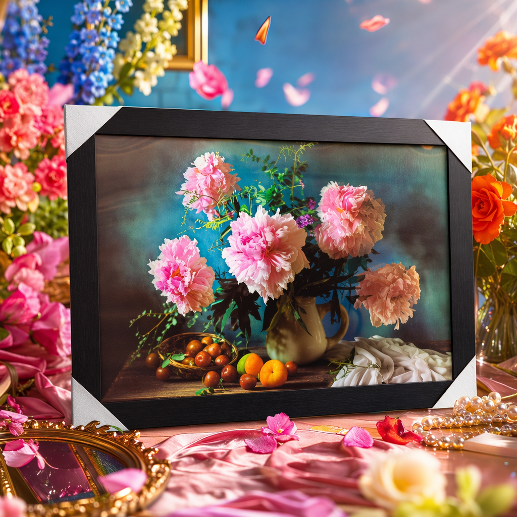 黑色相框+花卉静物画细节图