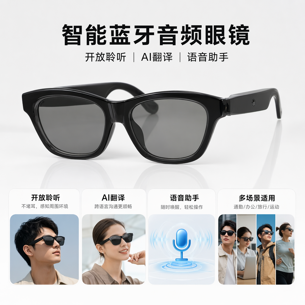Black smart glasses with black packaging box style