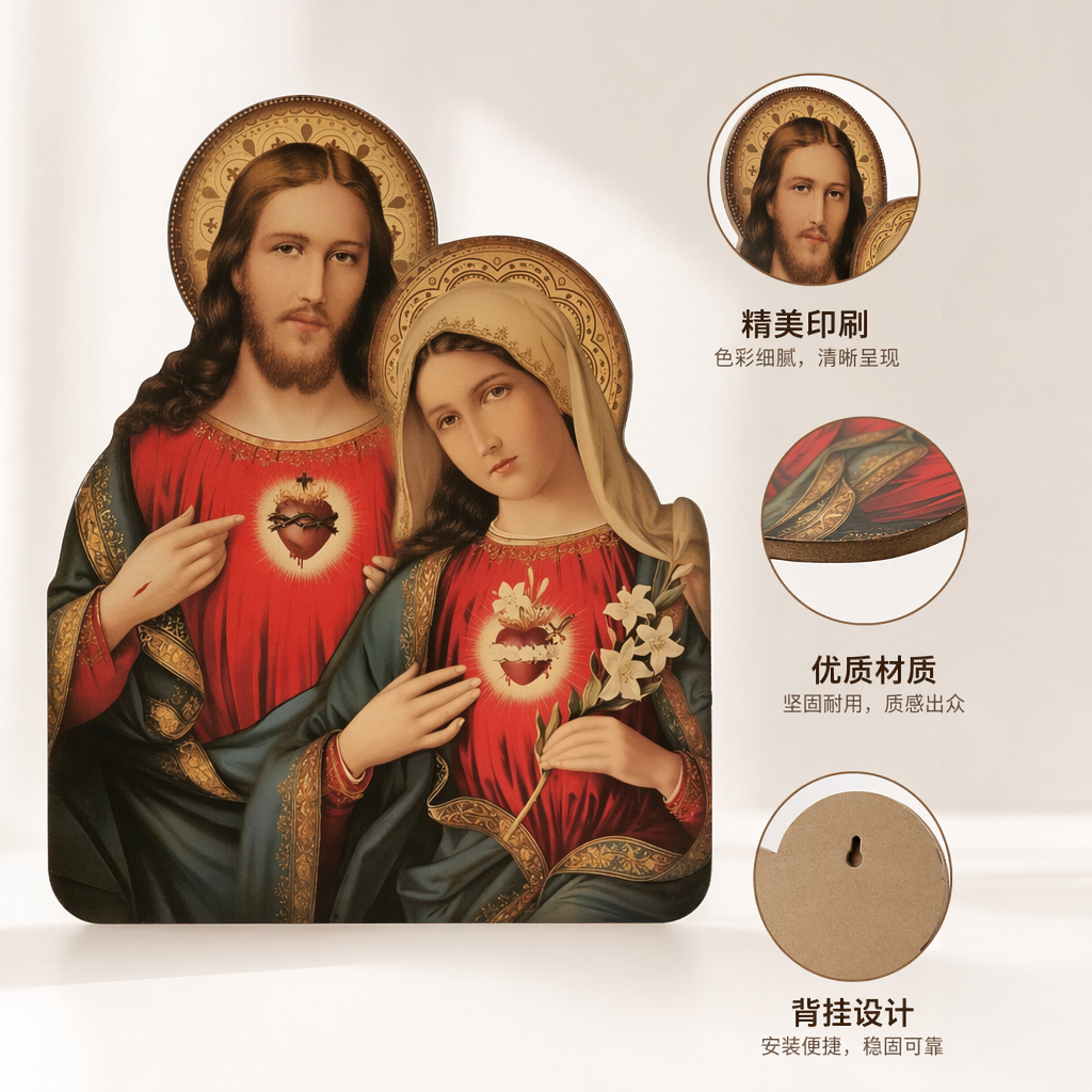 红色长袍耶稣与圣母像 耶稣指心 圣母持百合花 宗教装饰画厂家批发厂家批发