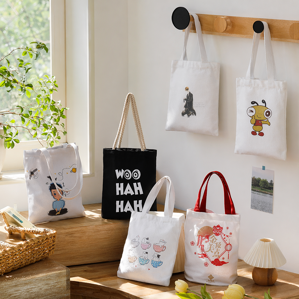White canvas bag, six pattered tea cups, cartoon bee character illustration, walking figure WOO HAH HAH, Jinling Meidian details Picture