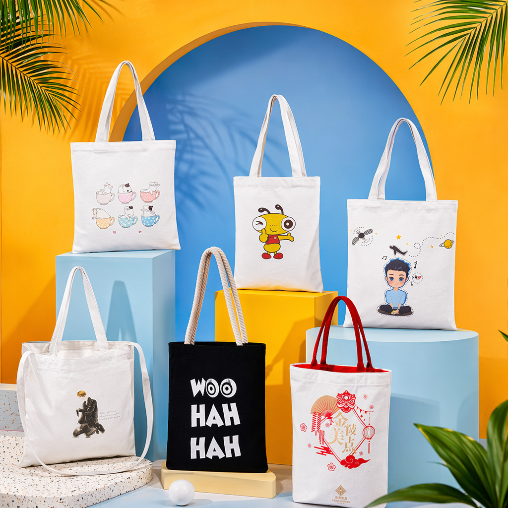White canvas bag, six pattered tea cups, cartoon bee character illustration, walking figure WOO HAH HAH, Jinling Meidian Specification image