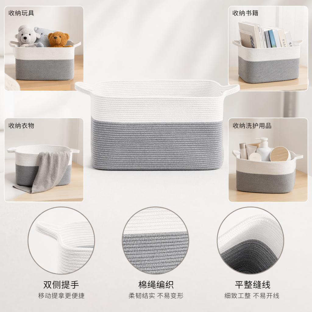 白色与灰色拼接绳编收纳篮 家居储物篮 手工编织北欧风