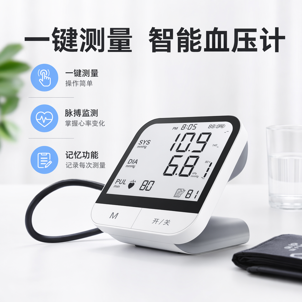 白色电子血压计上臂式家用静音精准测量带记忆功能