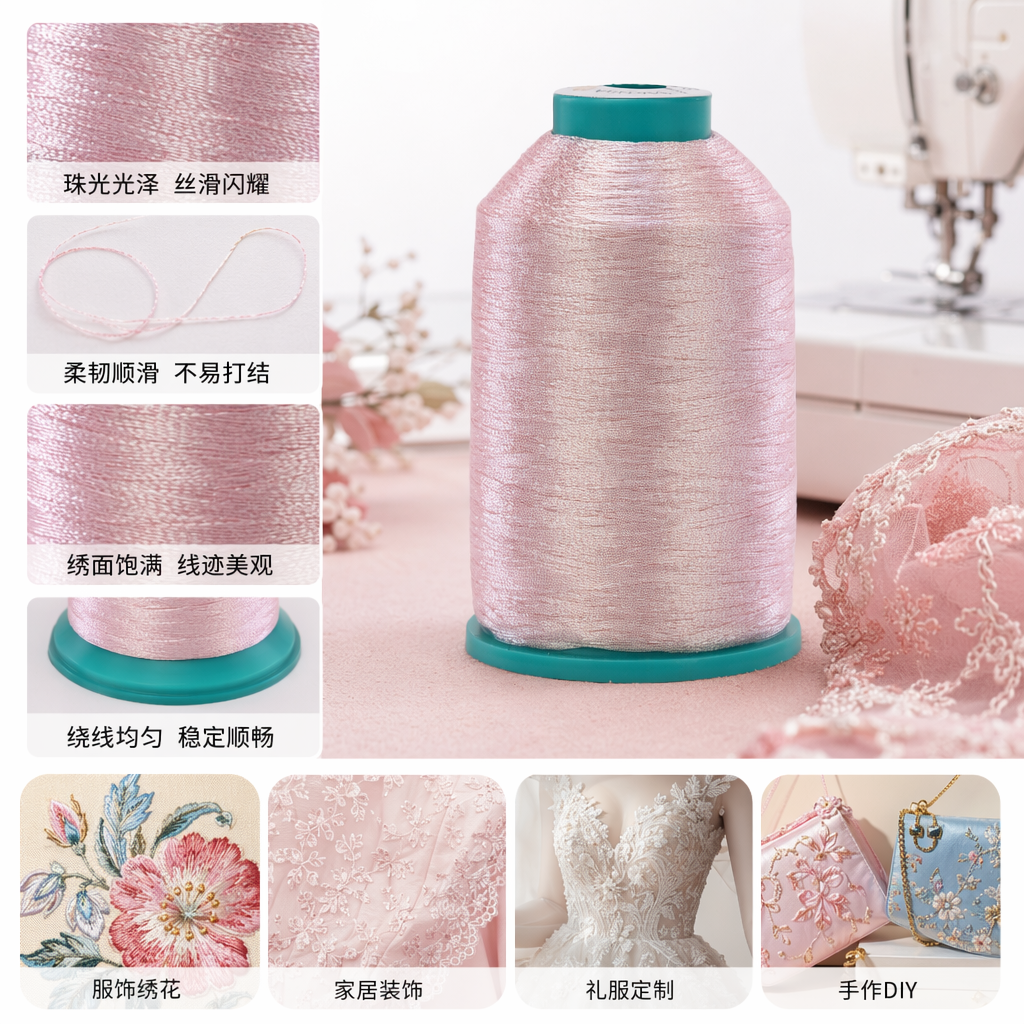 粉色亮丝线轴 缝纫刺绣用 高亮反光缝线盘绕式线轴