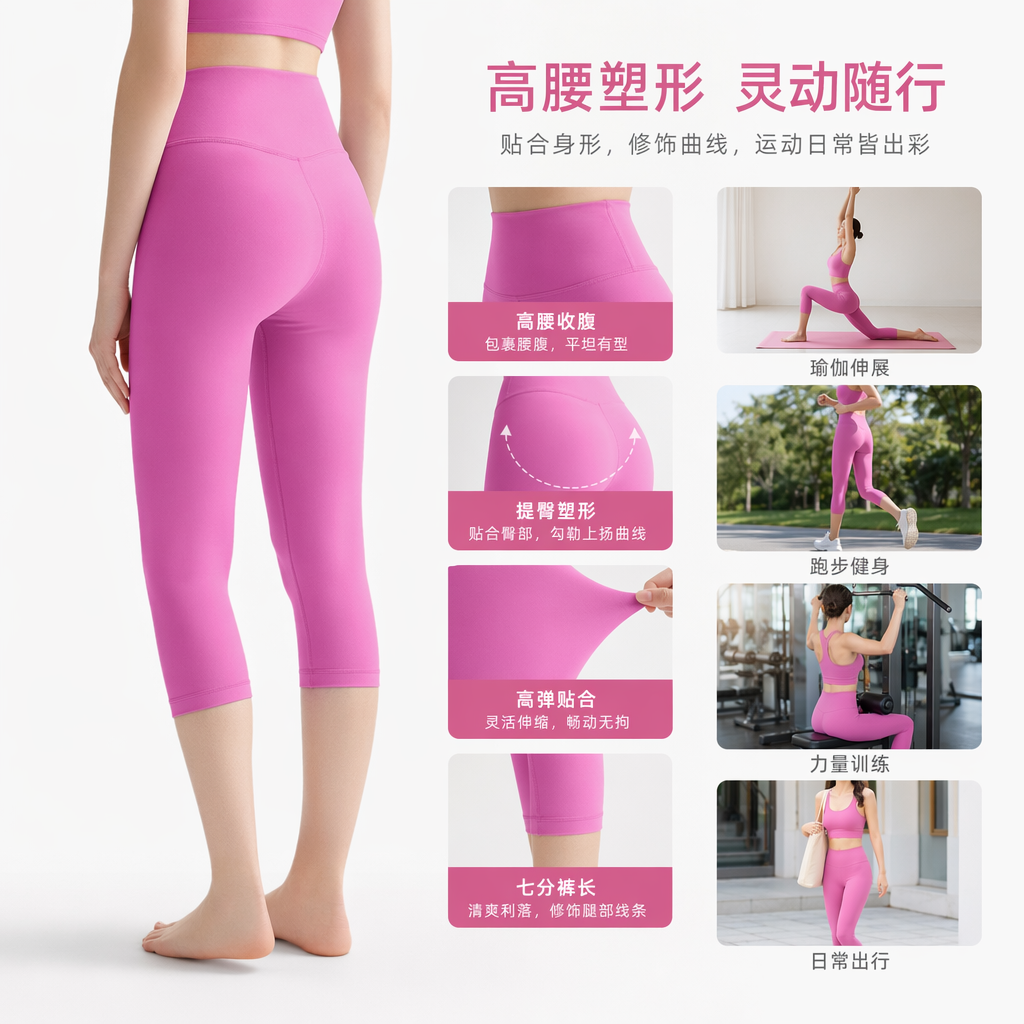 芭比粉高腰显瘦瑜伽裤女弹力修身运动健身裤子