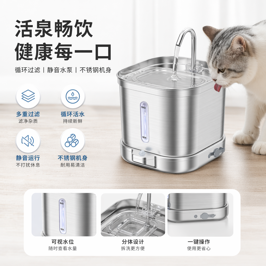 银色不锈钢宠物智能饮水机静音循环过滤自动断电