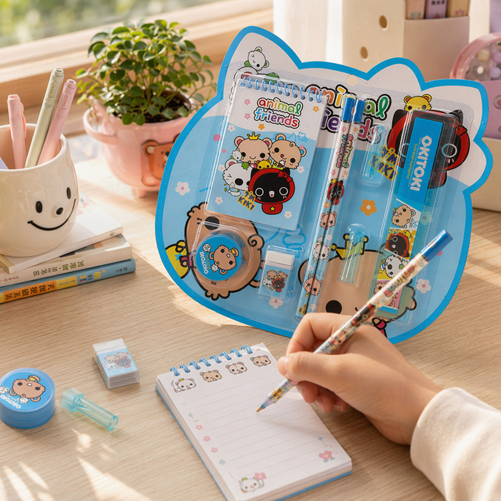 蓝色猫形文具套装含笔尺橡皮本子多功能学生用品产品图