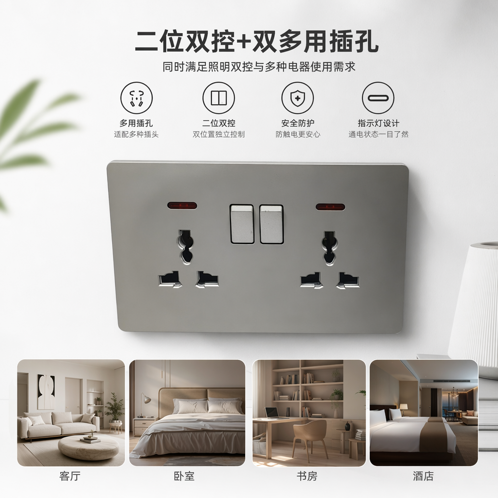 T5 Grey and gold dual 13A multi-functional wall socket, suitable for both home and office use, with a safe anti-electric shock outlet