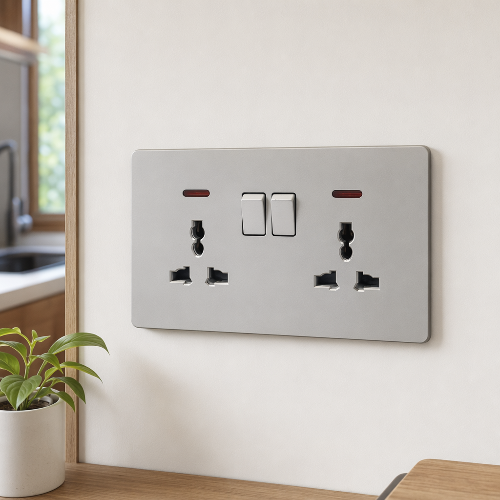 T5 Grey and gold dual 13A multi-functional wall socket, suitable for both home and office use, with a safe anti-electric shock outlet details Picture