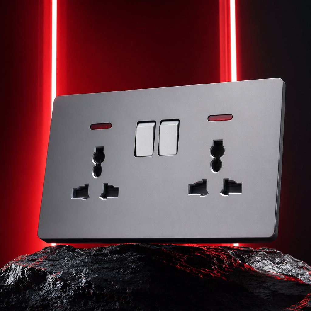 T5 Grey and gold dual 13A multi-functional wall socket, suitable for both home and office use, with a safe anti-electric shock outlet Specification image