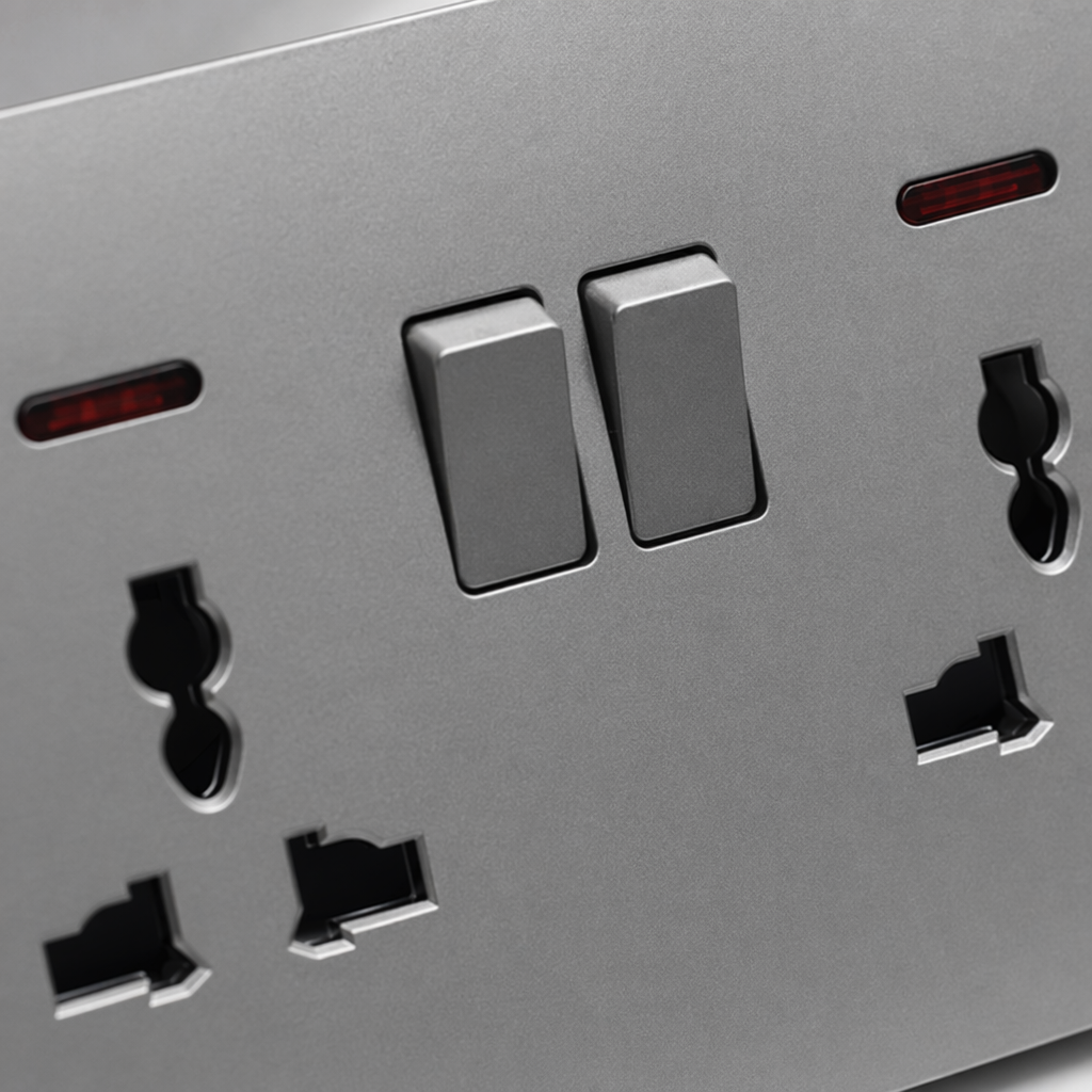 T5 Grey and gold dual 13A multi-functional wall socket, suitable for both home and office use, with a safe anti-electric shock outlet Application Scenario