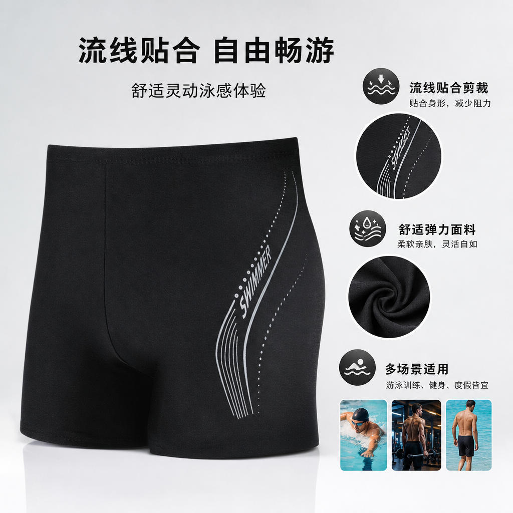 黑色泳裤男速干防氯沙滩游泳短裤平角泳装