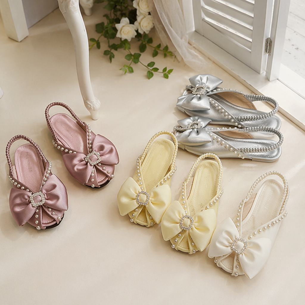 Pink, yellow, white, silver pearl bow sandals details Picture