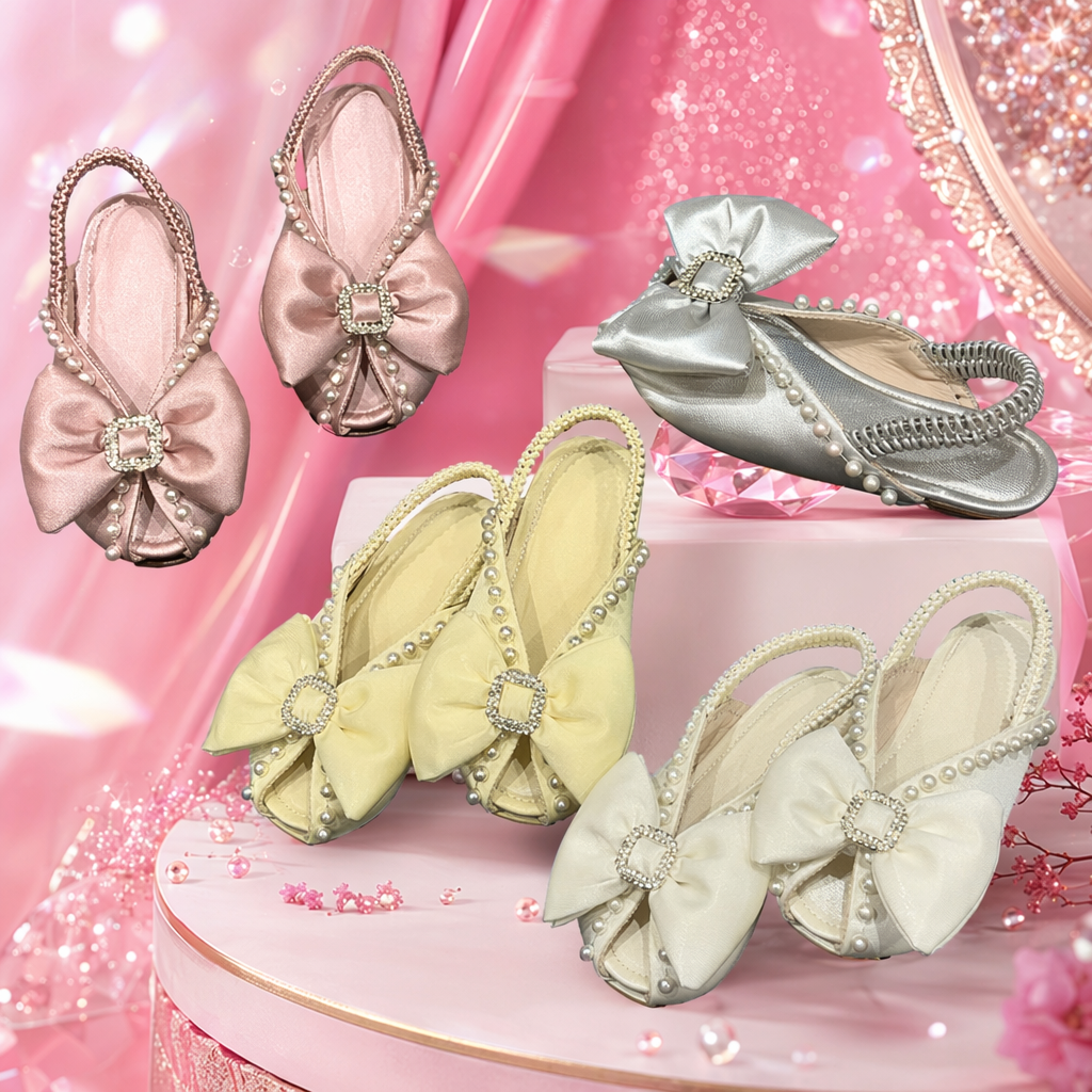 Pink, yellow, white, silver pearl bow sandals Specification image