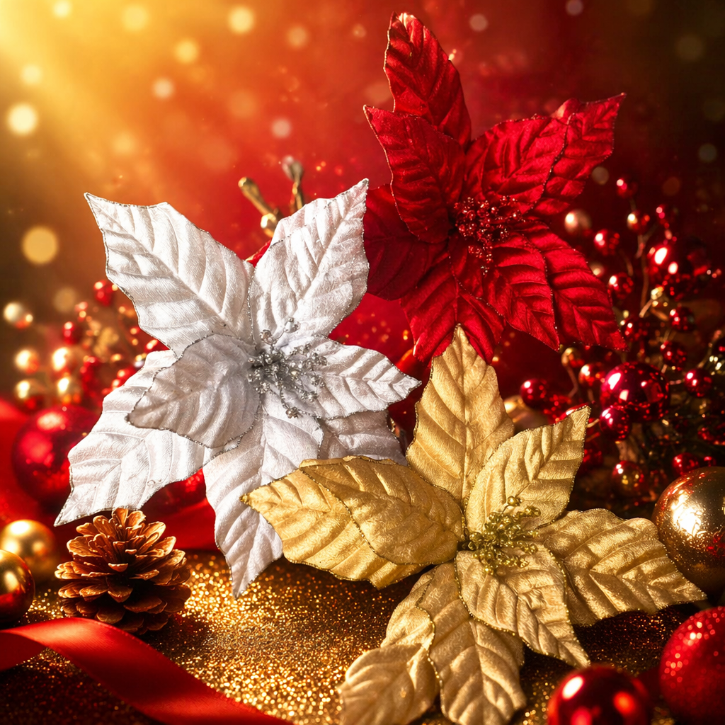 Three artificial poinsettias in red, silver and gold are decorative flowers Specification image