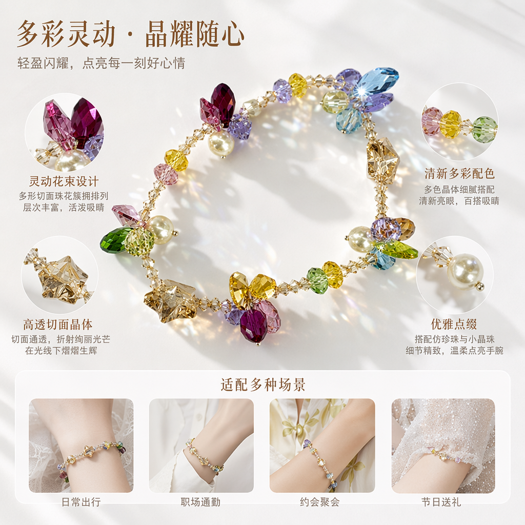 彩色水晶手链天然矿石手工编织轻奢风日常搭配