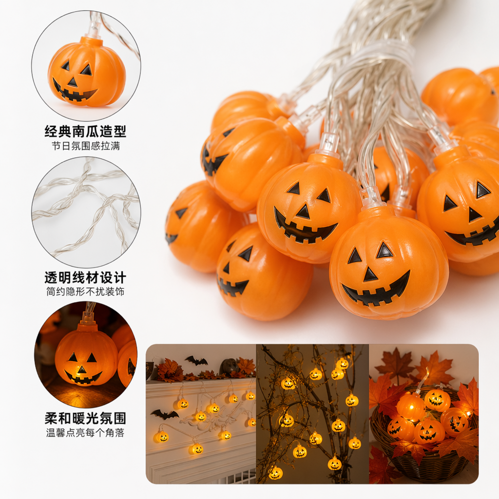 Orange pumpkin string of lanterns for festival decoration, LED string of lanterns, indoor and outdoor Halloween atmosphere lights
