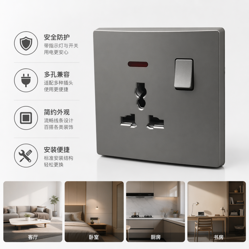 T5 grey and Gold 13A multi-functional wall socket, flame-retardant PC material, suitable for both home and office use