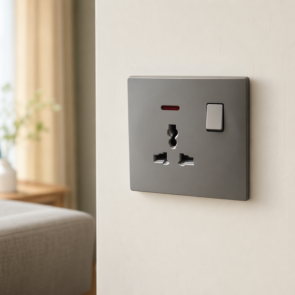 T5 grey and Gold 13A multi-functional wall socket, flame-retardant PC material, suitable for both home and office use details Picture