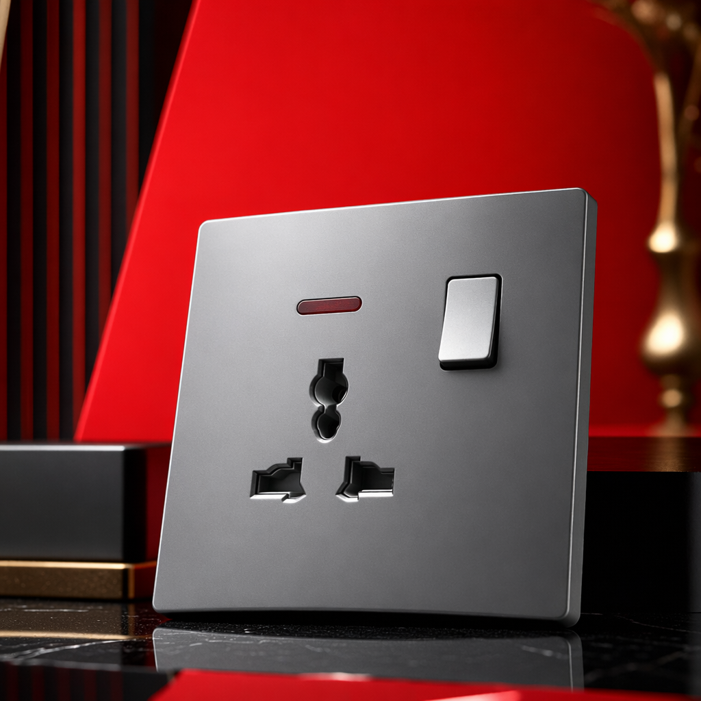 T5 grey and Gold 13A multi-functional wall socket, flame-retardant PC material, suitable for both home and office use Specification image