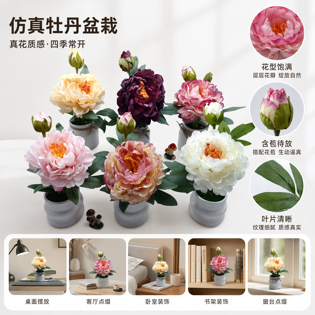 多彩仿真牡丹花盆栽客厅装饰摆件家居软装仿真花卉