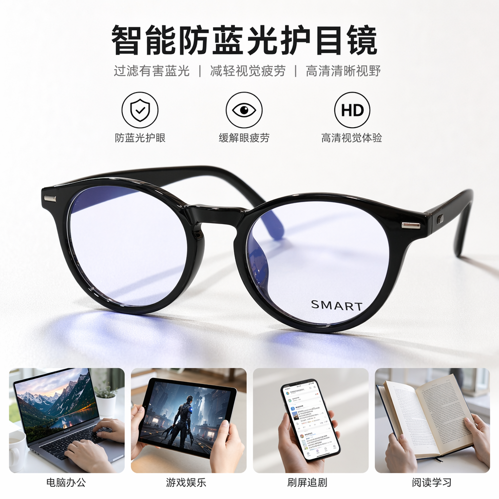 Black smart glasses in a grey packaging box
