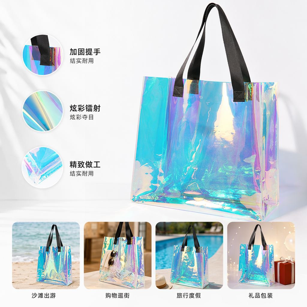 彩虹色全息材质手提袋时尚环保大容量购物袋
