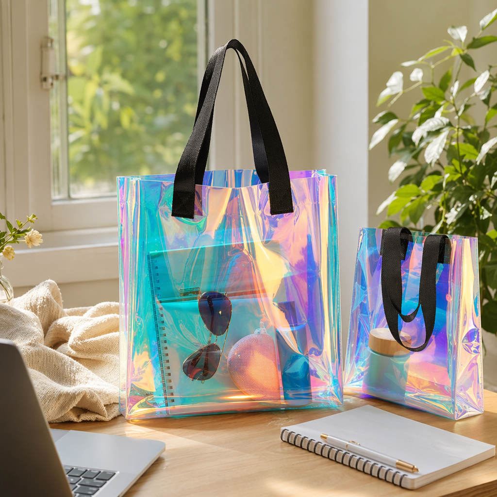Rainbow-colored holographic material handbag, fashionable, environmentally friendly and large-capacity shopping bag details Picture