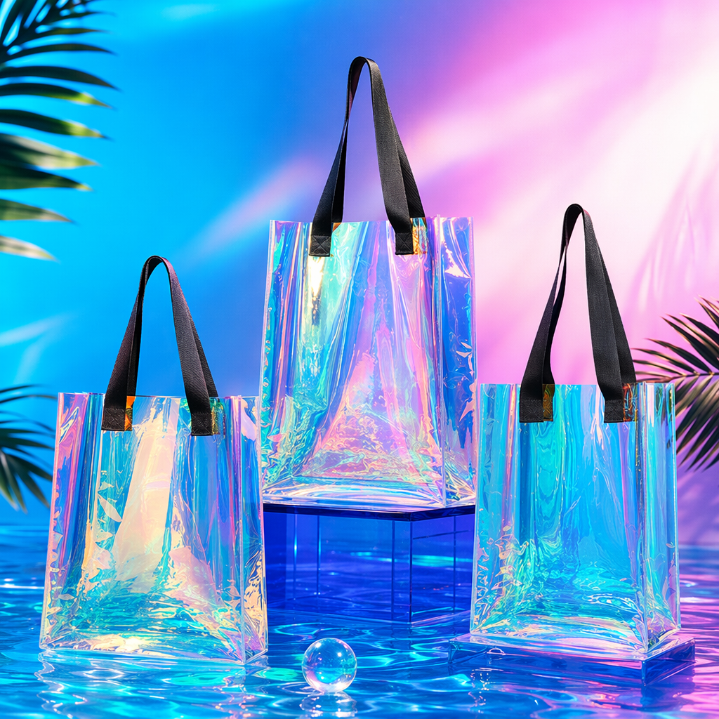 Rainbow-colored holographic material handbag, fashionable, environmentally friendly and large-capacity shopping bag Specification image