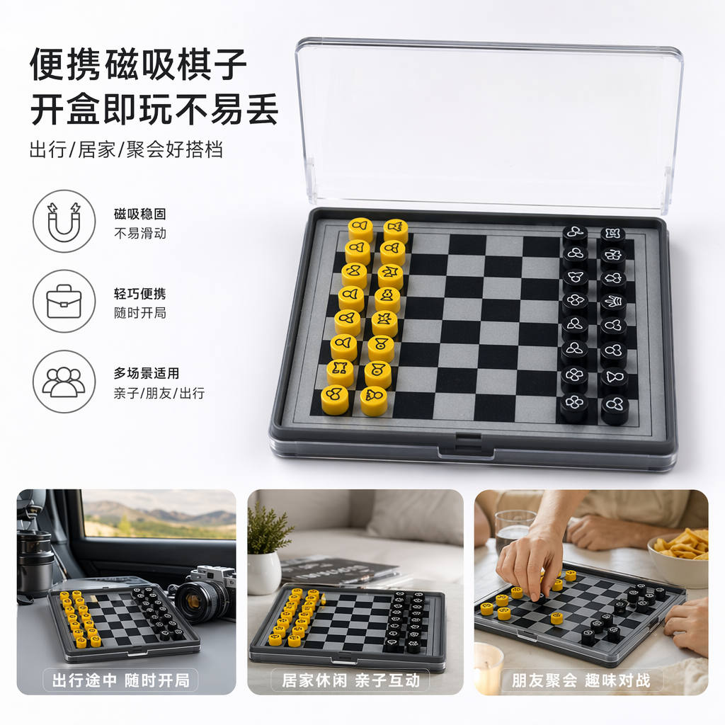 透明塑料盒装棋盘棋子 便携收纳围棋象棋套装图