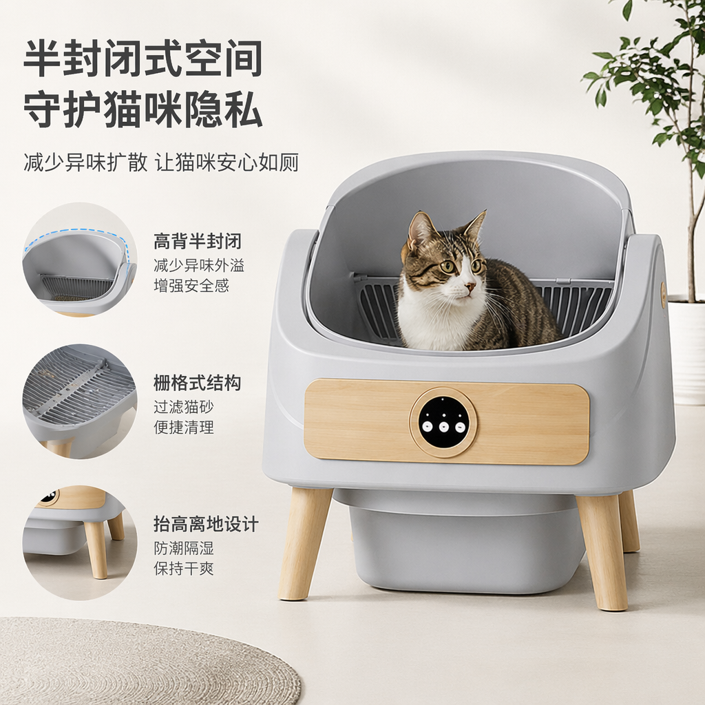 灰色智能猫砂盆带木质装饰面板和木腿