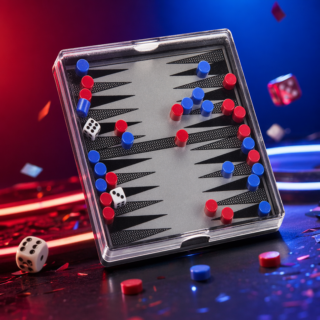透明盒装双色棋子棋盘游戏，含红蓝棋子与白骰子细节图