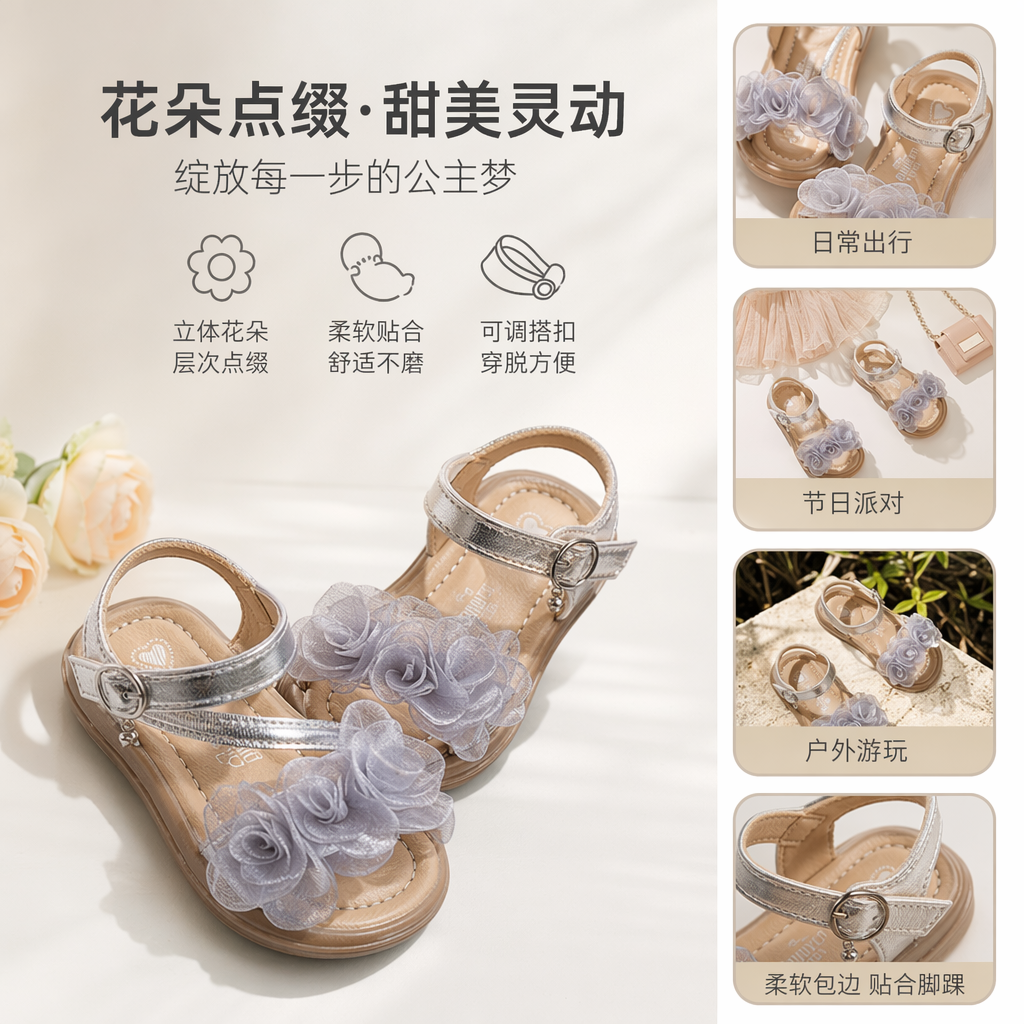 Silver and white flower-decorated sandals for women are simple, fashionable and versatile in summer