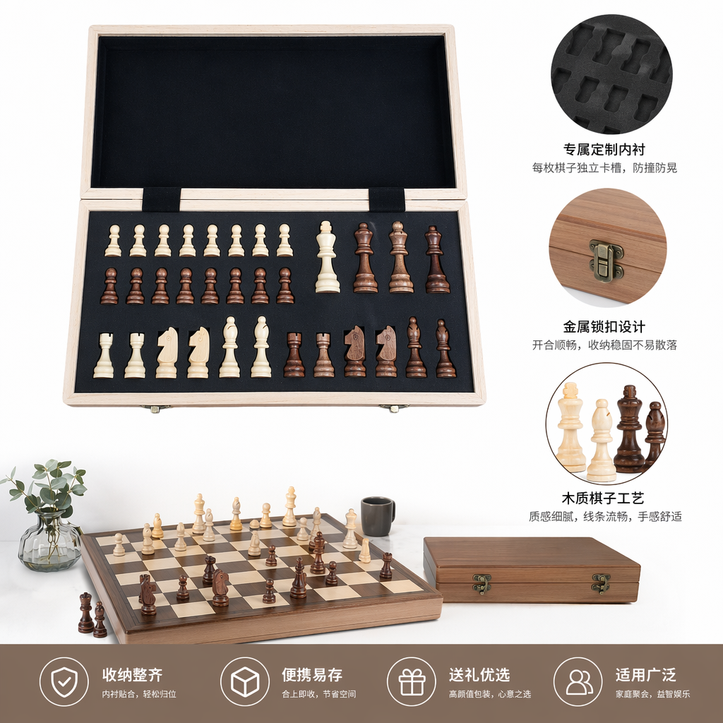 木质国际象棋棋盒套装含标准棋子便携收纳