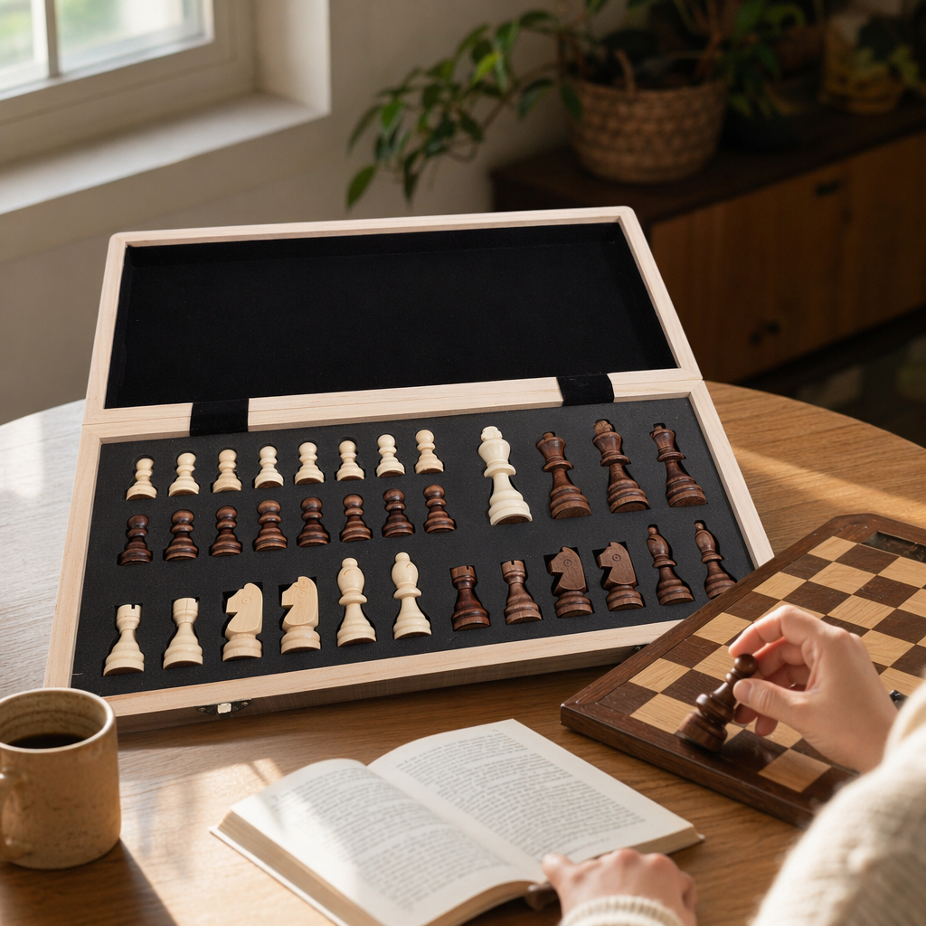 木质棋盒+国际象棋棋子产品图
