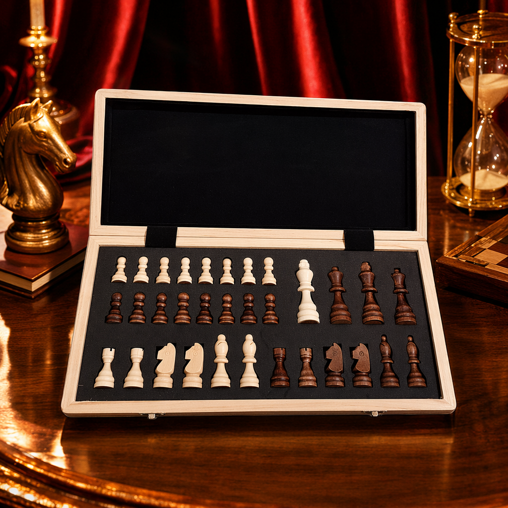木质棋盒+国际象棋棋子细节图