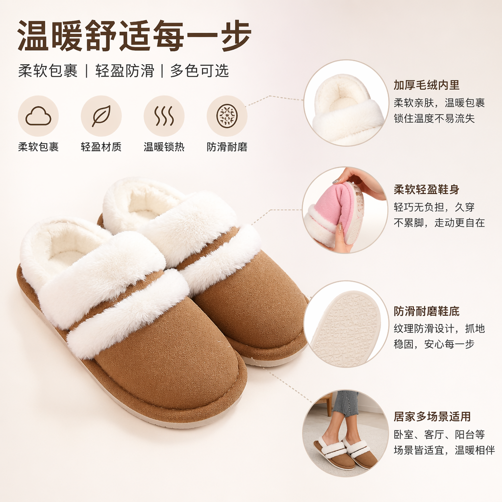 粉色米色黑色棕色白色毛绒拖鞋女家居保暖防滑棉拖