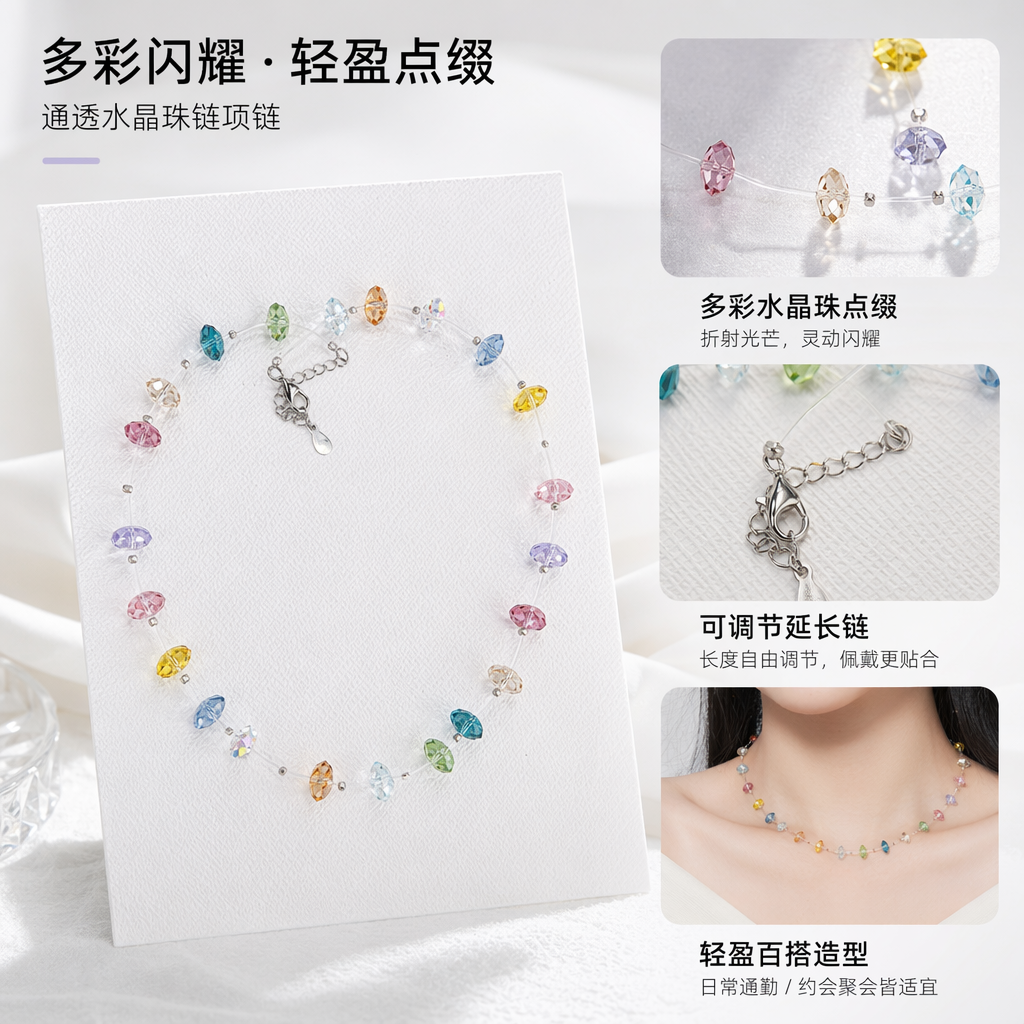 彩色水晶珠串项链 时尚百搭女士配饰